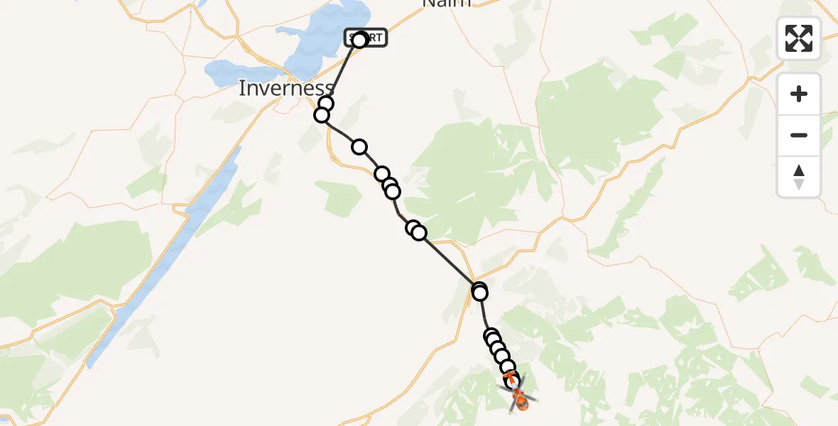 Flight path map showing Coastguard Helicopter route from Inverness Airport to Highland