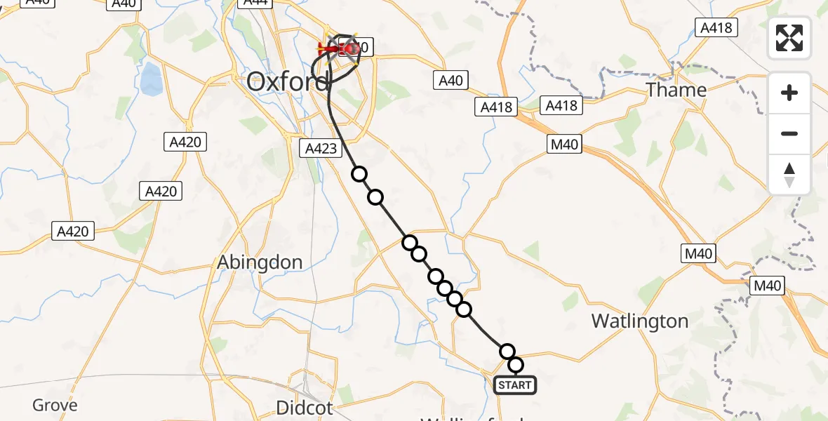 Flight path map showing Air Ambulance Helicopter route from RAF Benson to Oxford