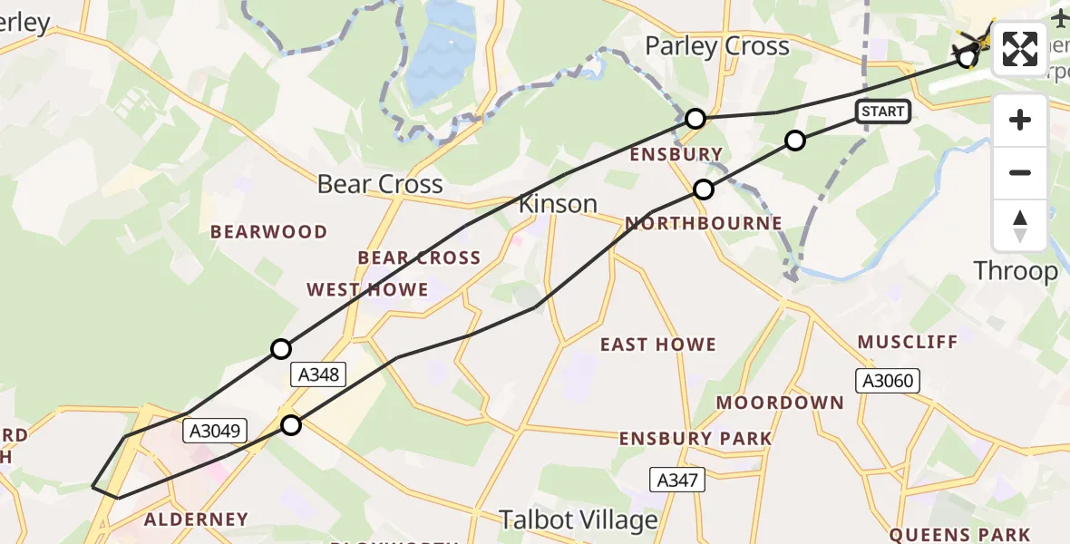 Flight path map showing Police Helicopter route from Hurn to Bournemouth Airport