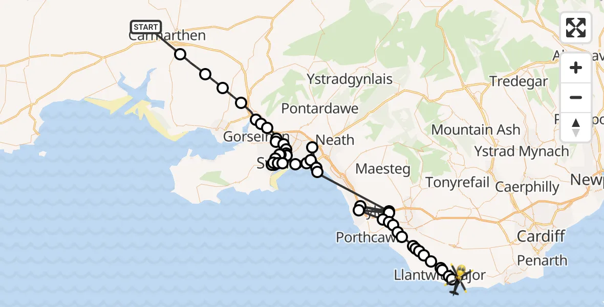 Flight path map showing Police Helicopter route from Newchurch and Merthyr to MOD St Athan