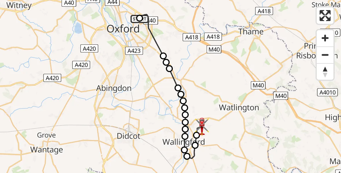Flight path map showing Air Ambulance Helicopter route from John Radcliffe Hospital to RAF Benson