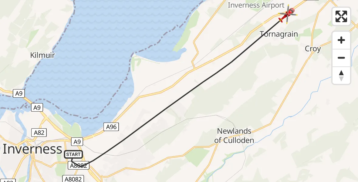 Flight path map showing Air Ambulance Helicopter route from Inverness to Inverness Airport