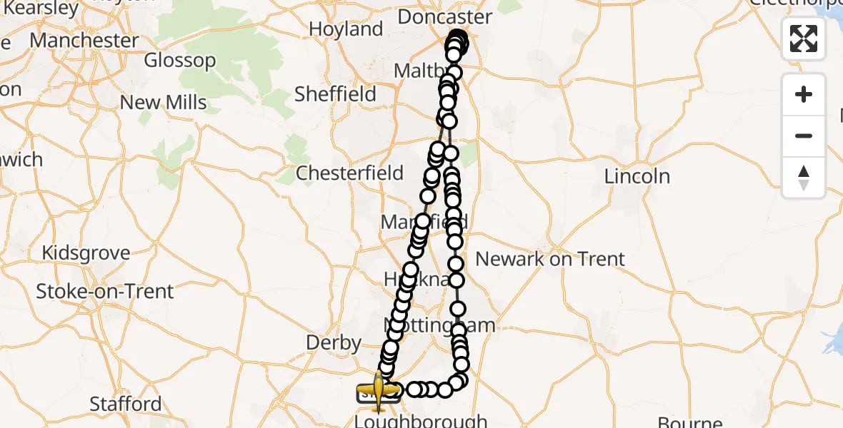 Flight path map showing Police Aircraft route from East Midlands Airport to East Midlands Airport