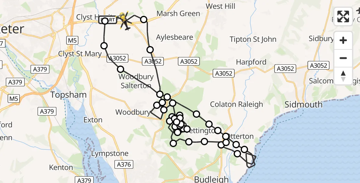 Flight path map showing Police Helicopter route from Exeter International Airport to Clyst Honiton