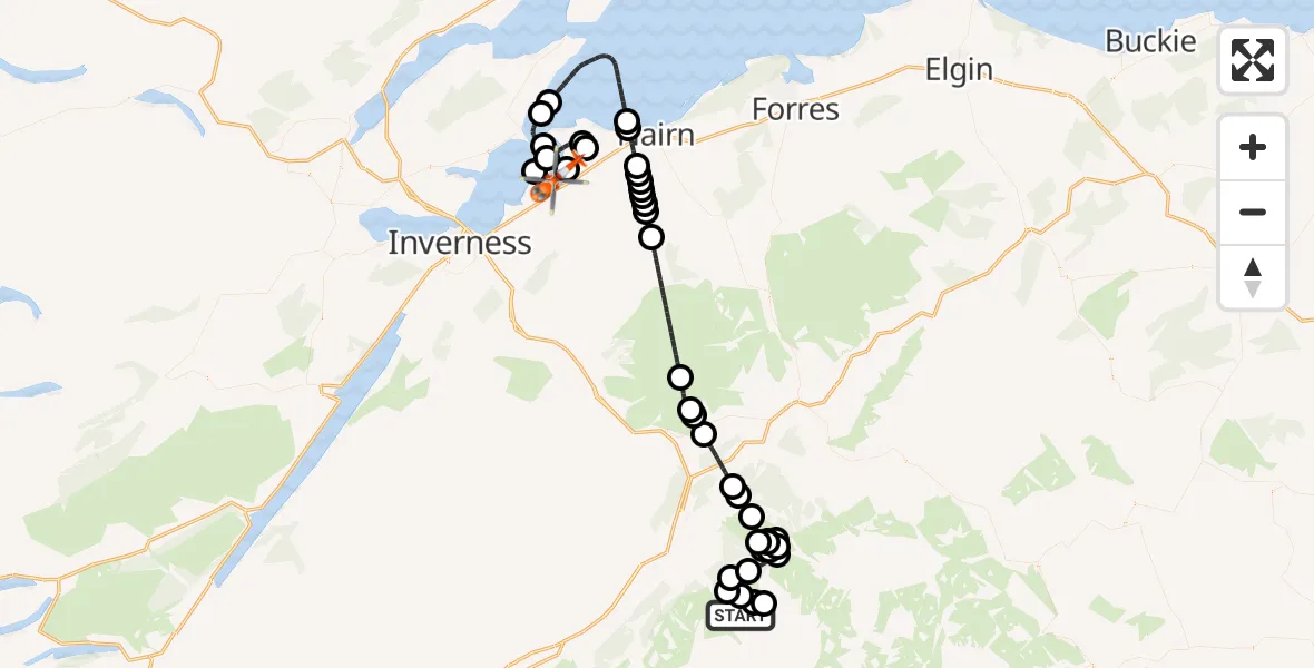 Flight path map showing Coastguard Helicopter route from Highland to Inverness Airport