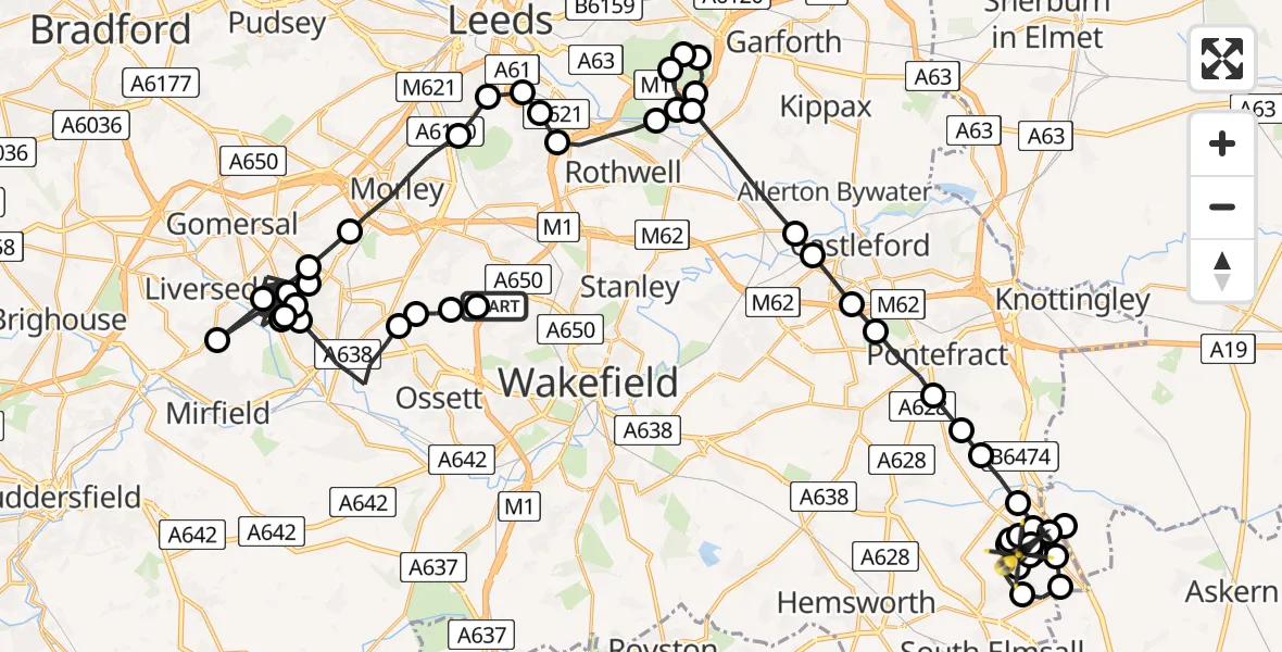 Flight path map showing Police Helicopter route from East Ardsley to Walton Wood Airfield