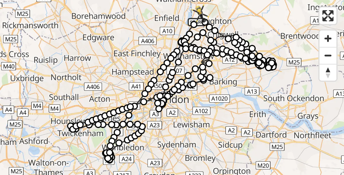 Flight route Police Helicopter Chingford - Sewardstonebury, 18 April 2026, 21:40