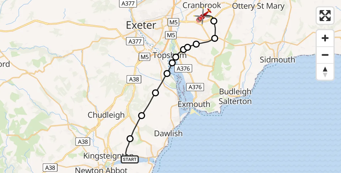 Flight path map showing Air Ambulance Helicopter route from Bishopsteignton to Rockbeare