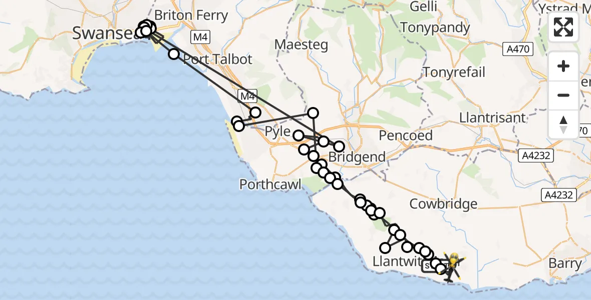 Flight path map showing Police Helicopter route from Boverton to MOD St Athan