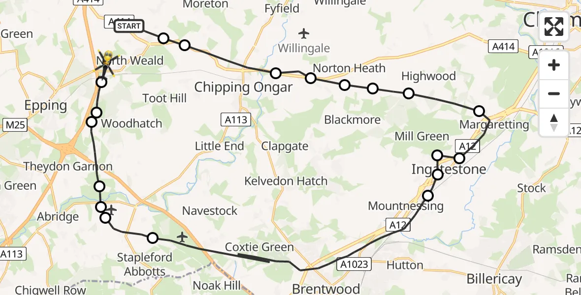 Flight path map showing Police Helicopter route from North Weald Bassett to North Weald Airfield