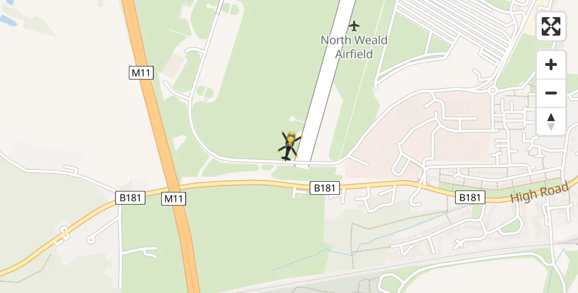 Flight path map showing Police Helicopter route from North Weald Airfield to North Weald Airfield