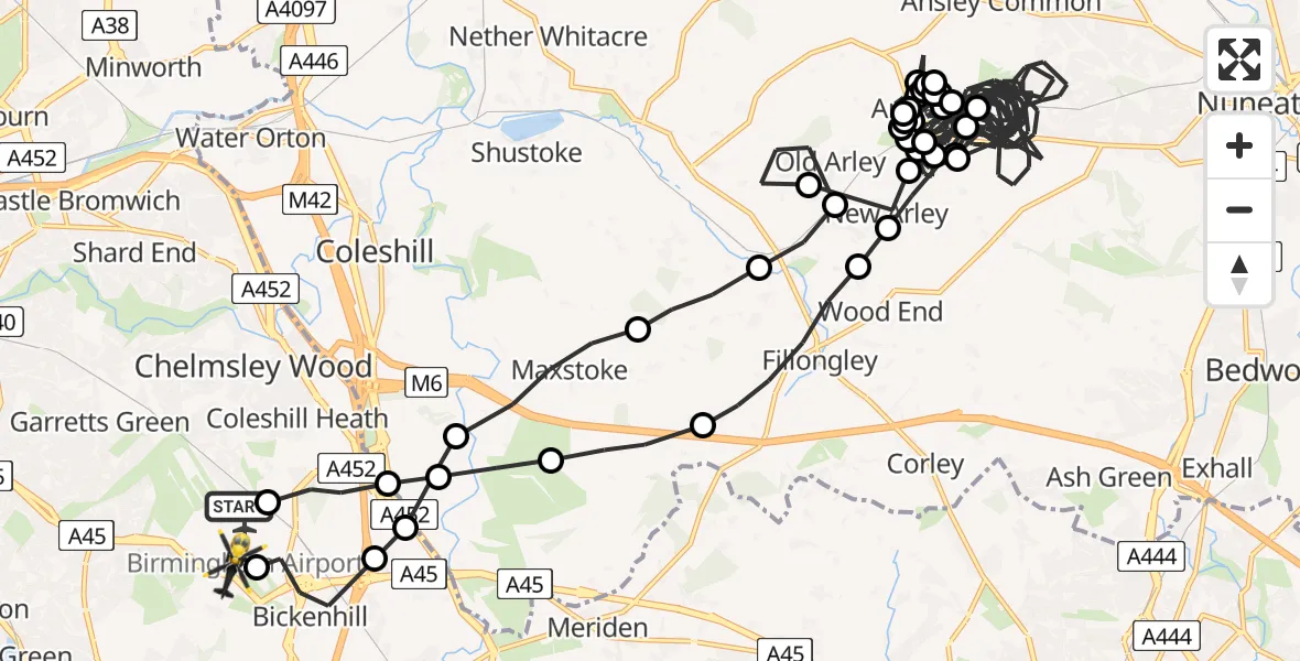 Flight path map showing Police Helicopter route from Birmingham Airport to Birmingham Airport