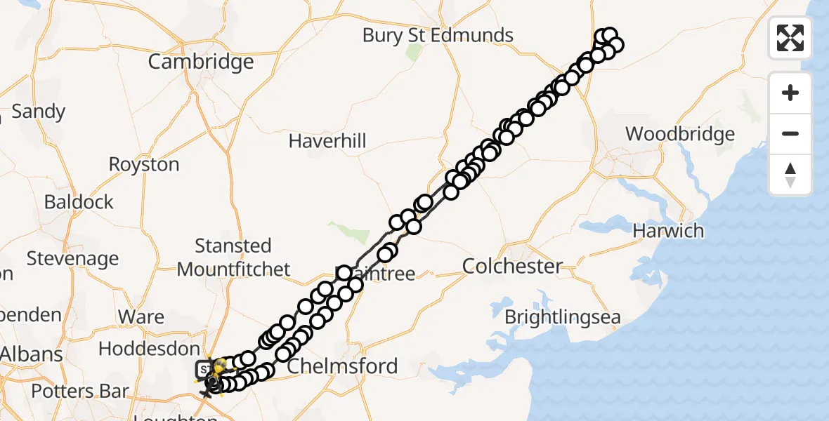 Flight path map showing Police Helicopter route from North Weald Airfield to North Weald Airfield