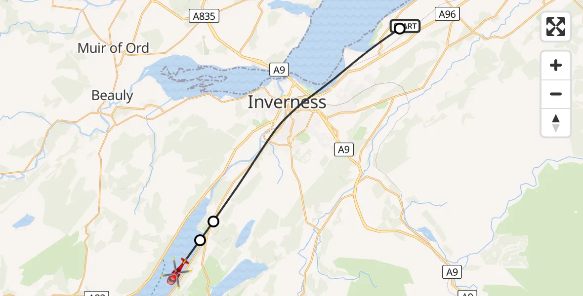 Flight path map showing Air Ambulance Helicopter route from Tornagrain to Loch Ness
