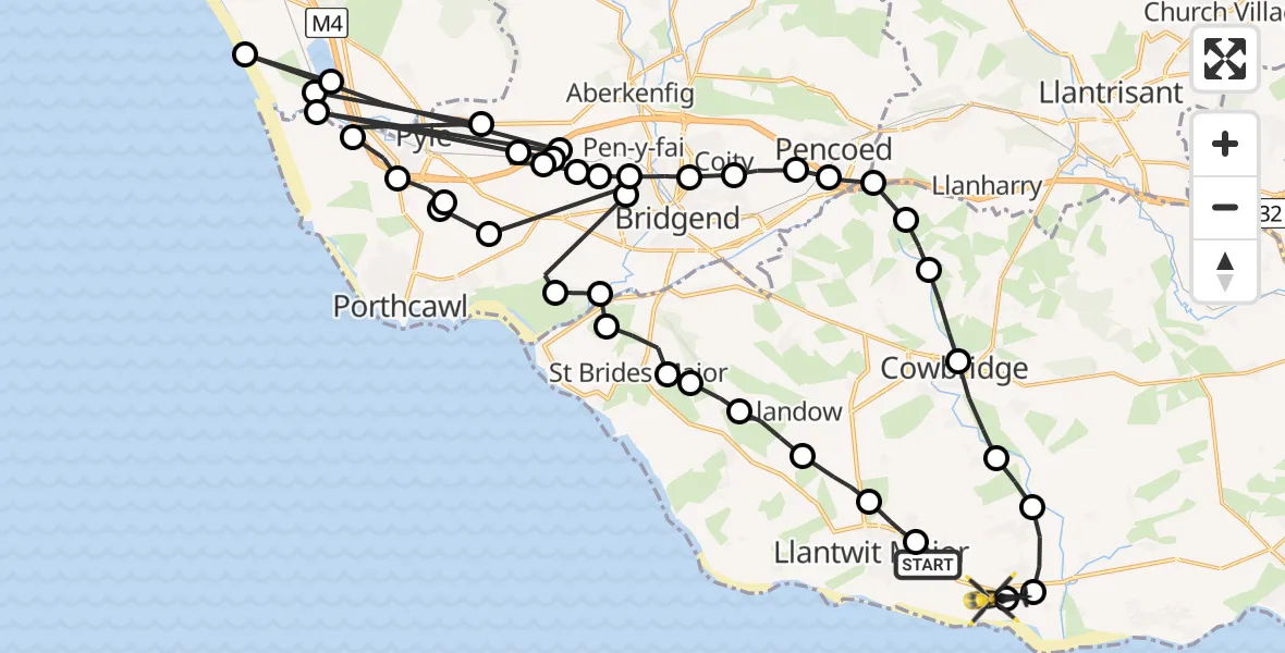 Flight path map showing Police Helicopter route from Boverton to MOD St Athan