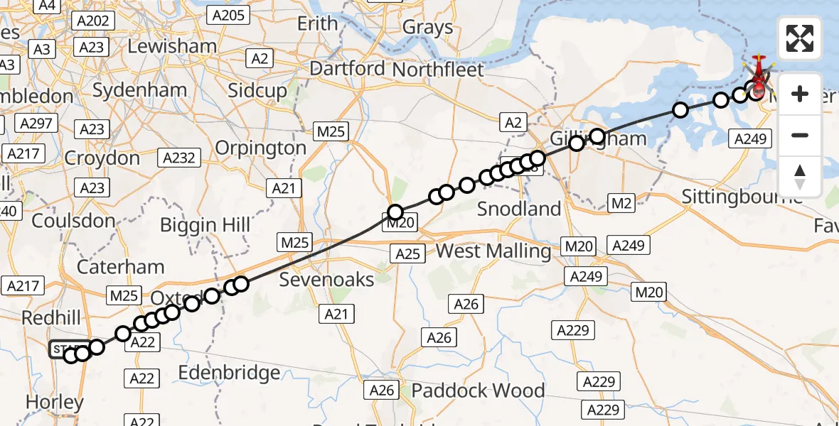Flight path map showing Air Ambulance Helicopter route from Redhill Aerodrome to Sheerness