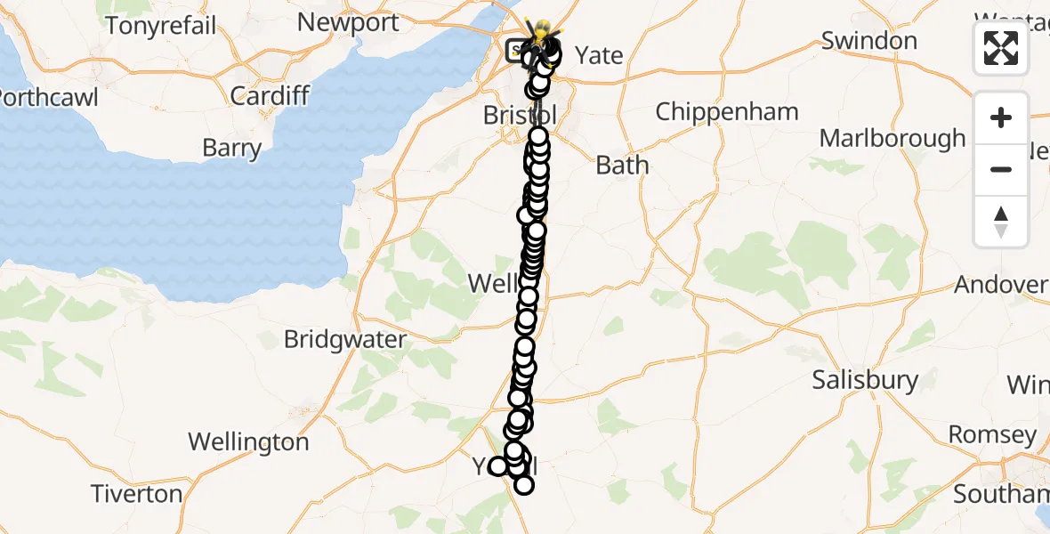 Flight path map showing Police Helicopter route from Almondsbury Helicopter Base to Almondsbury Helicopter Base
