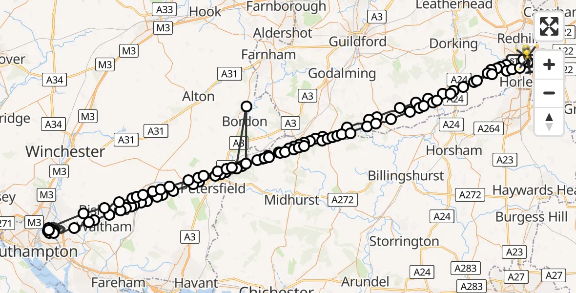Flight path map showing Police Helicopter route from Salfords to Tandridge