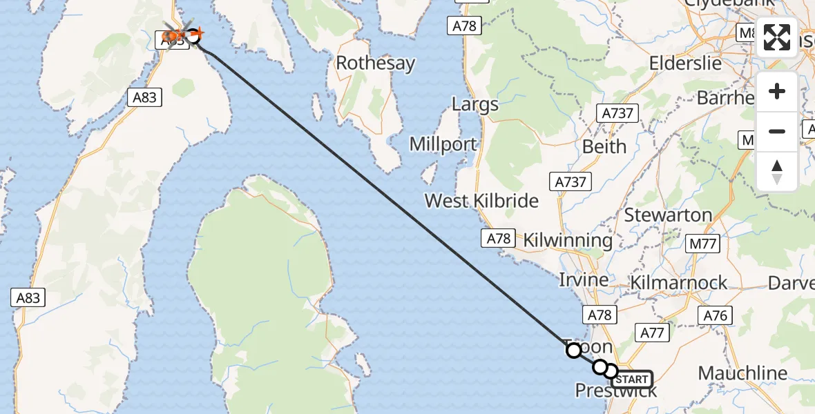 Flight path map showing Coastguard Helicopter route from Glasgow Prestwick Airport to Tarbert