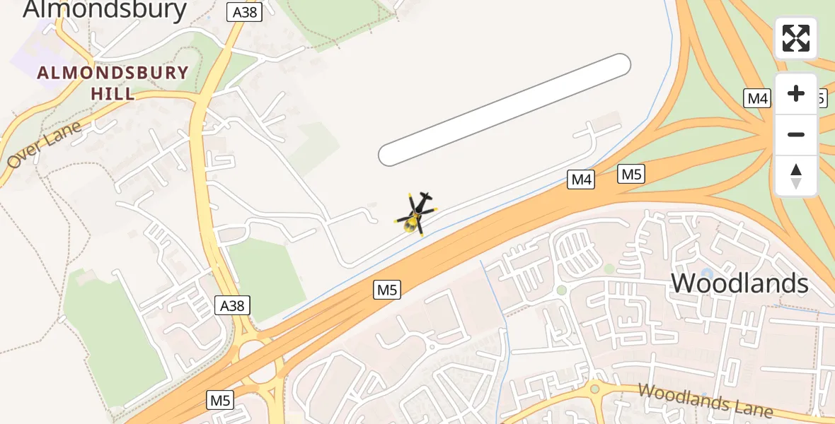 Flight path map showing Police Helicopter route from Almondsbury Helicopter Base to Almondsbury Helicopter Base