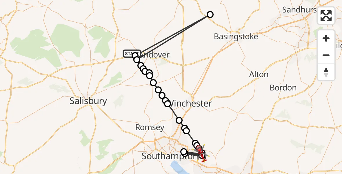 Flight path map showing Air Ambulance Helicopter route from Thruxton Aerodrome to Curbridge