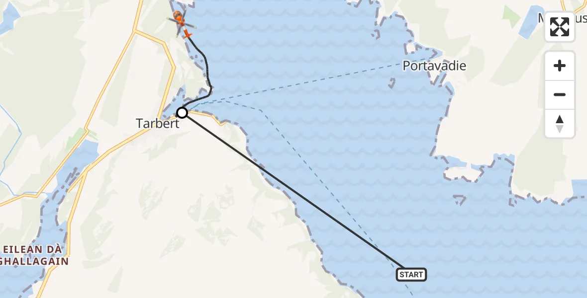 Flight path map showing Coastguard Helicopter route from Inner Seas to Tarbert
