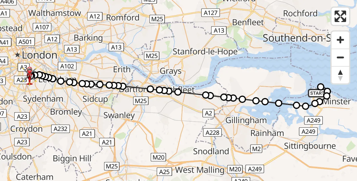 Flight path map showing Air Ambulance Helicopter route from Sheerness to Kings College London Hospital