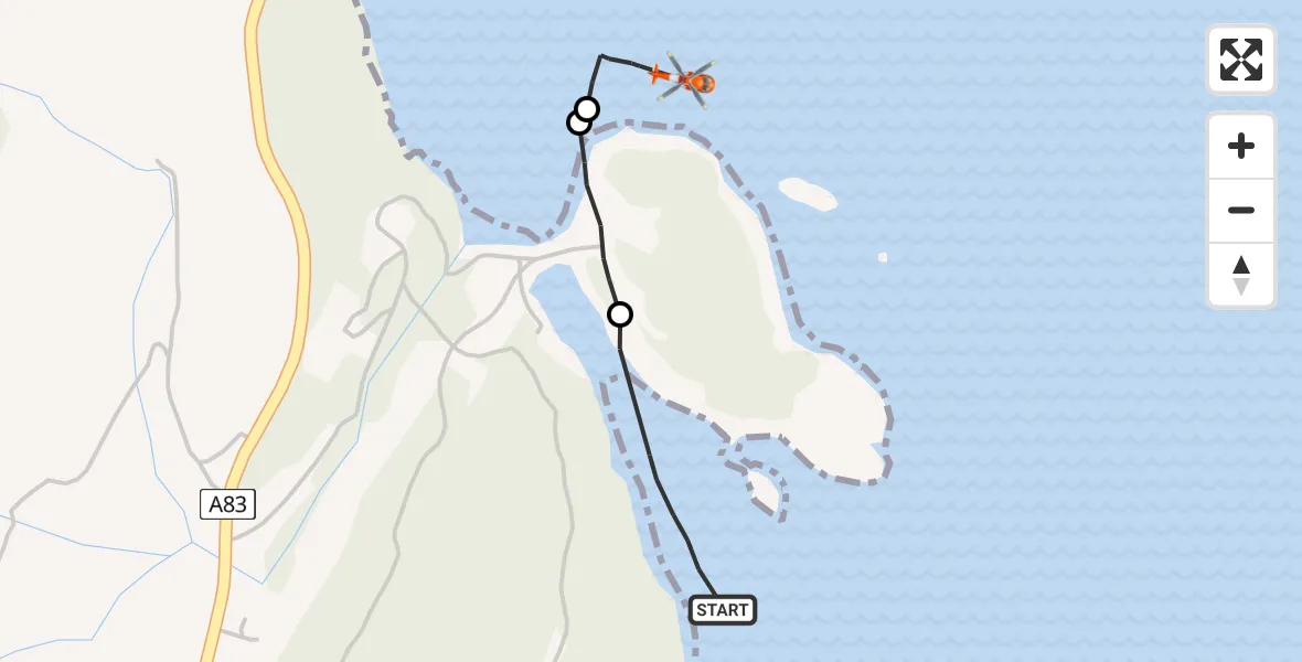 Flight path map showing Coastguard Helicopter route from  to Argyll and Bute