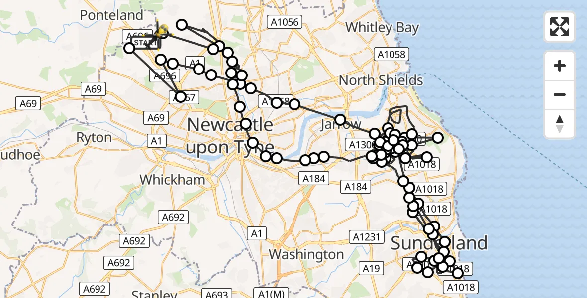 Flight path map showing Police Helicopter route from Newcastle International Airport to Newcastle International Airport