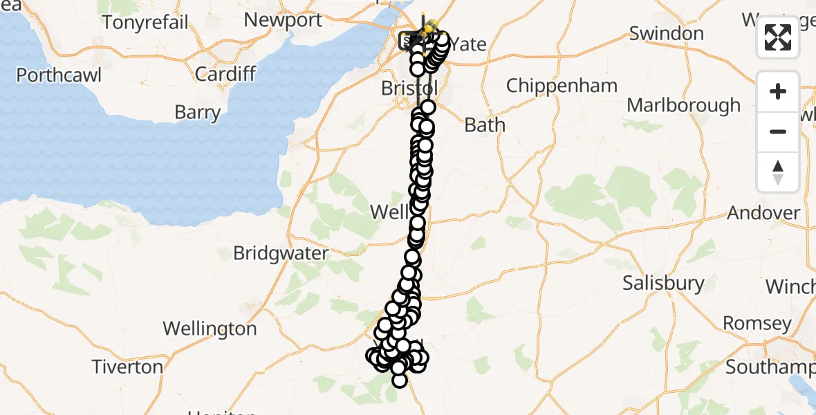 Flight path map showing Police Helicopter route from Almondsbury Helicopter Base to Almondsbury Helicopter Base
