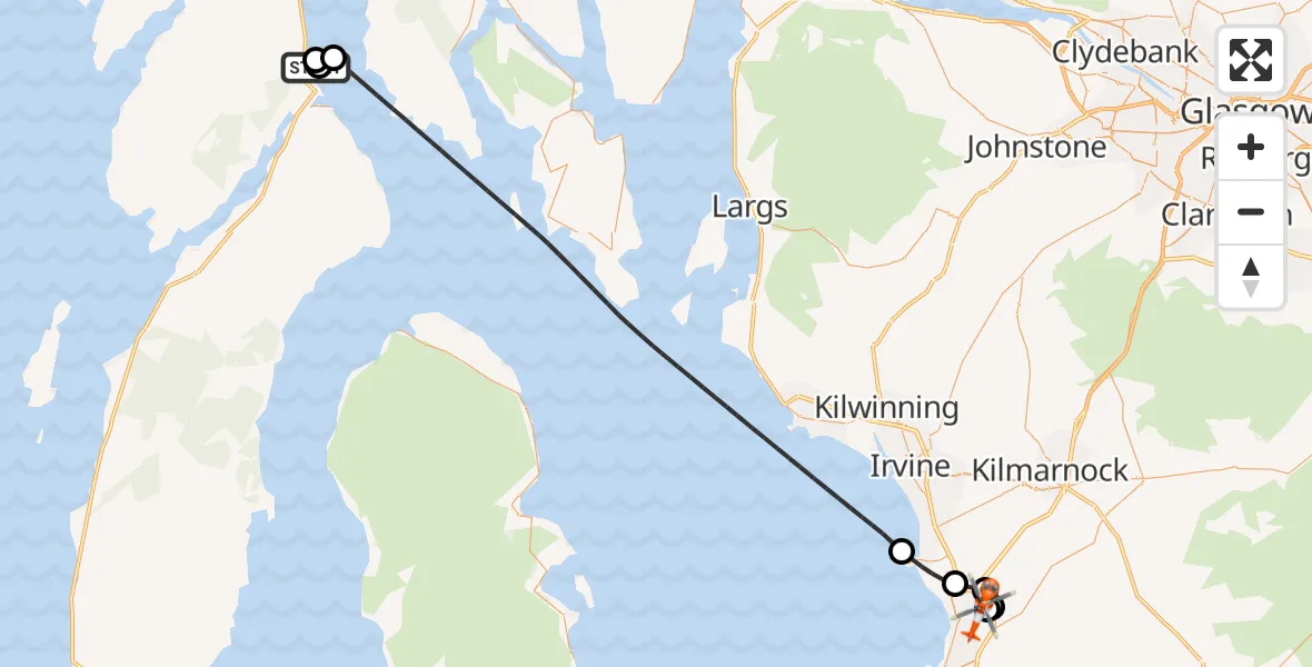 Flight path map showing Coastguard Helicopter route from  to Glasgow Prestwick Airport