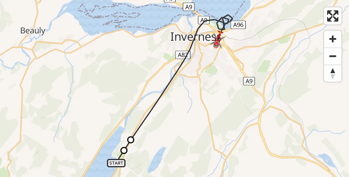 Flight path map showing Air Ambulance Helicopter route from Loch Ness to Inverness