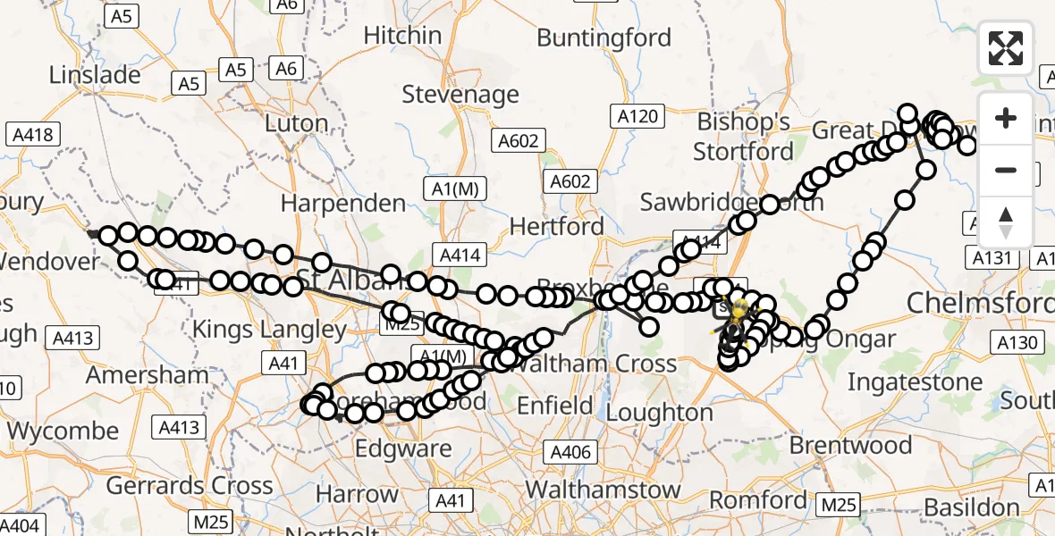 Flight path map showing Police Helicopter route from North Weald Airfield to North Weald Airfield
