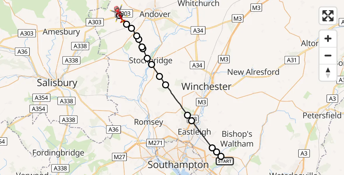Flight path map showing Air Ambulance Helicopter route from Curbridge to Thruxton