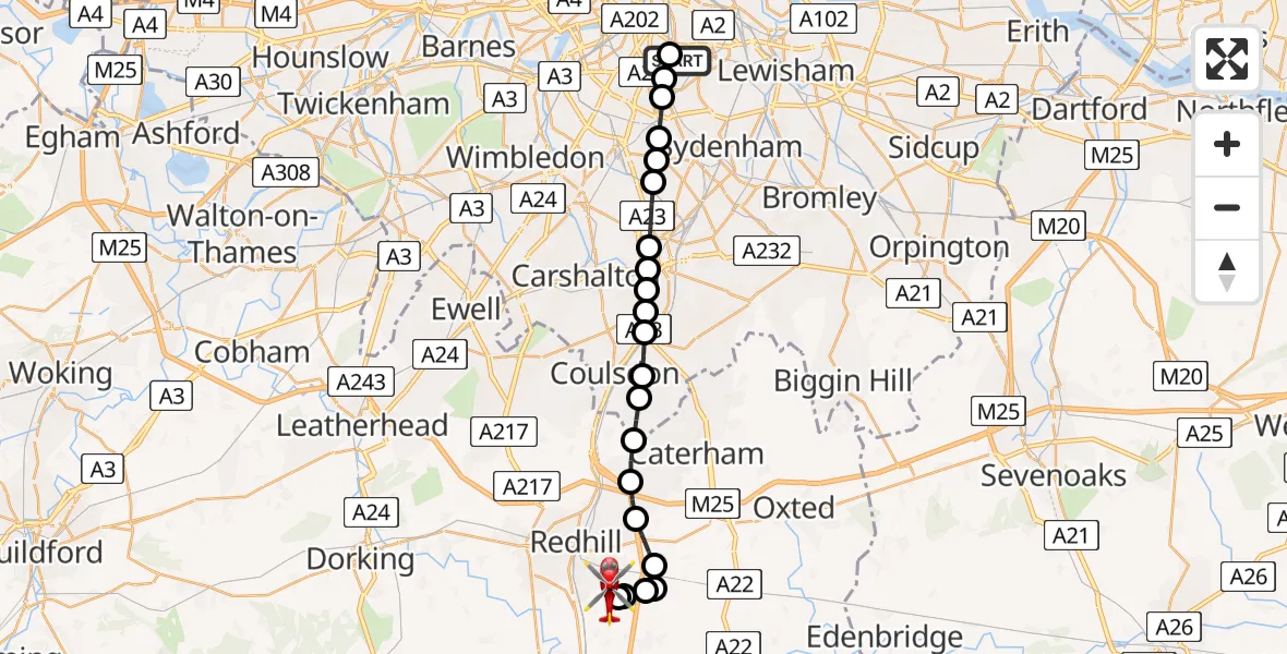 Flight path map showing Air Ambulance Helicopter route from Kings College London Hospital to Redhill Aerodrome