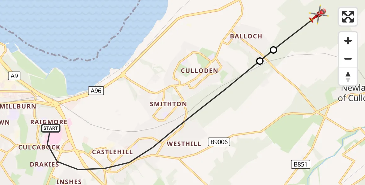 Flight path map showing Air Ambulance Helicopter route from Inverness to Inverness