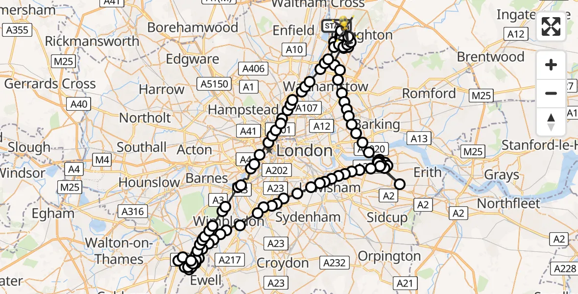 Flight path map showing Police Helicopter route from Sewardstonebury to Sewardstonebury