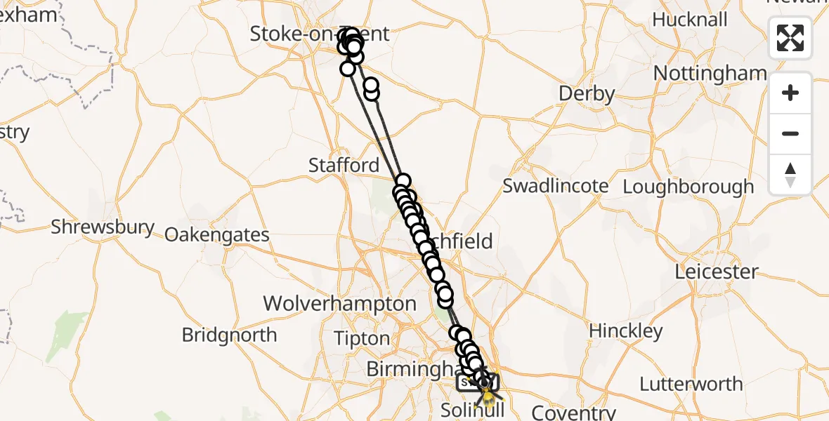 Flight path map showing Police Helicopter route from Birmingham Airport to Birmingham Airport