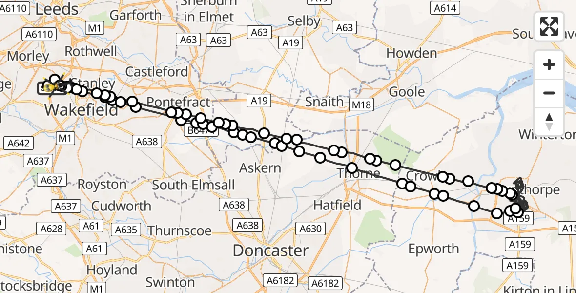 Flight path map showing Police Helicopter route from East Ardsley to Brandy Carr