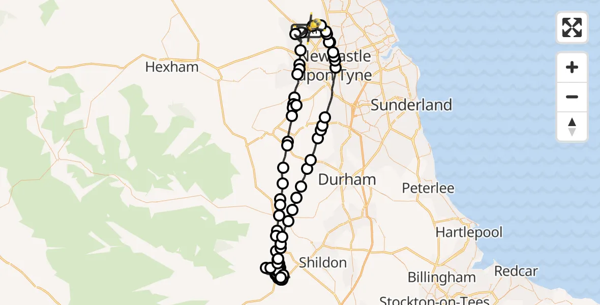 Flight path map showing Police Helicopter route from Newcastle International Airport to Newcastle International Airport