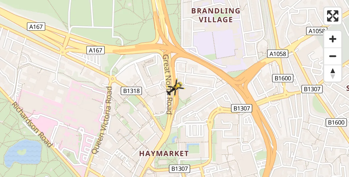 Flight path map showing Police Helicopter route from Spital Tongues to Spital Tongues