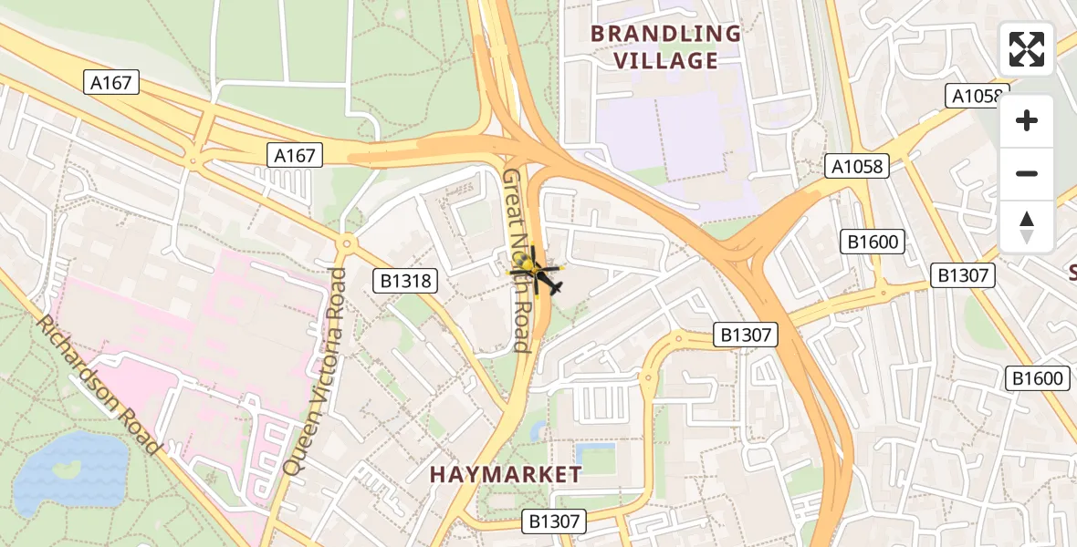 Flight path map showing Police Helicopter route from Spital Tongues to Spital Tongues