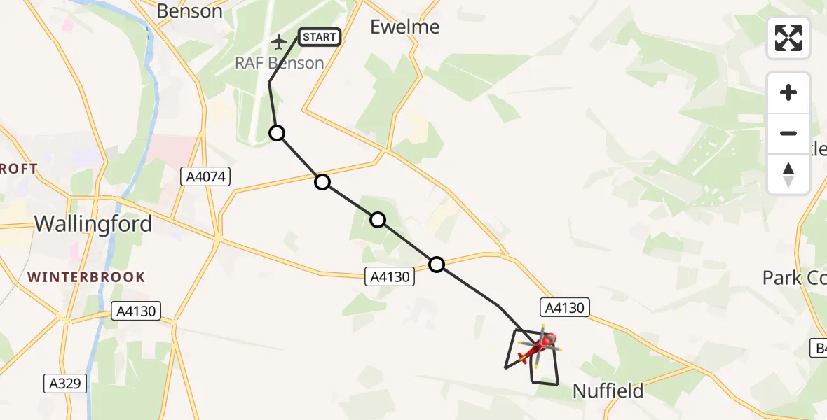 Flight path map showing Air Ambulance Helicopter route from RAF Benson to Nuffield