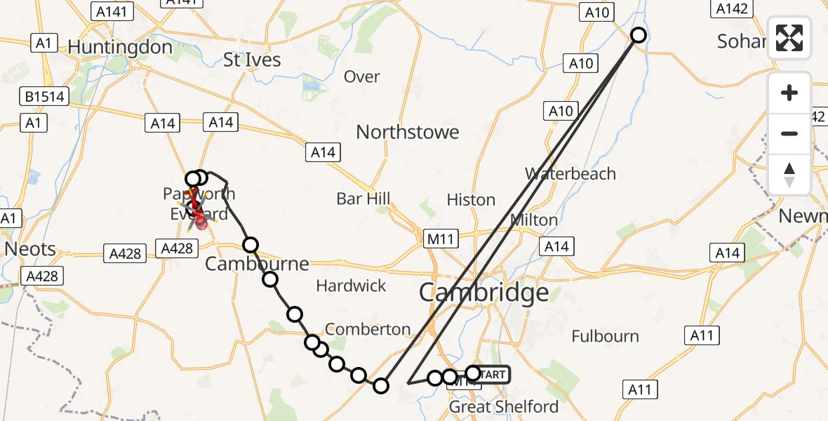 Flight path map showing Air Ambulance Helicopter route from Great Shelford to Papworth Everard