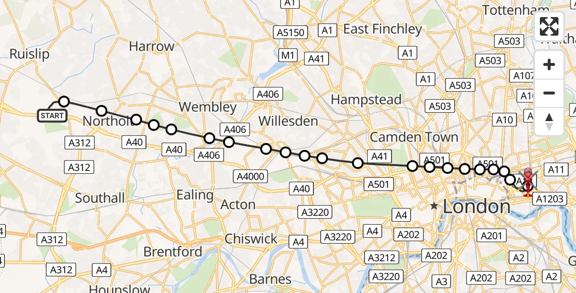 Flight path map showing Air Ambulance Helicopter route from RAF Northolt to Royal London Hospital