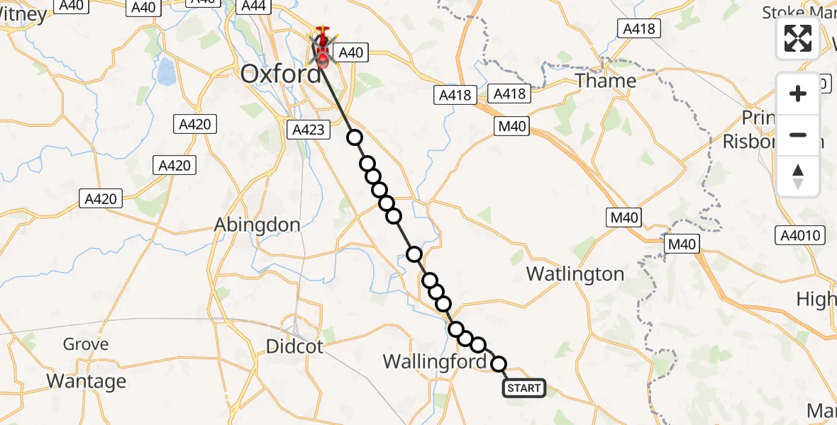 Flight path map showing Air Ambulance Helicopter route from Nuffield to Oxford