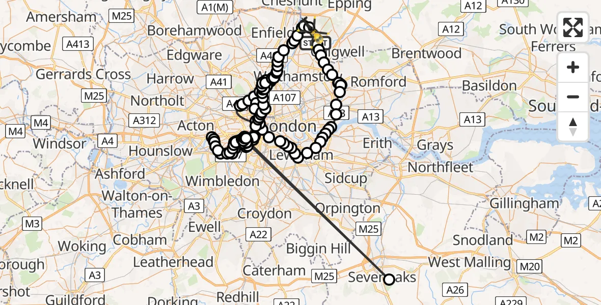 Flight path map showing Police Helicopter route from Waltham Abbey to Sewardstonebury