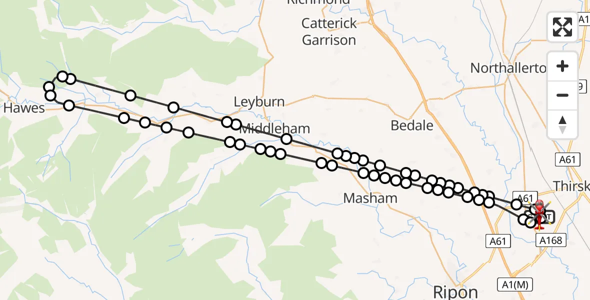 Flight path map showing Air Ambulance Helicopter route from RAF Topcliffe to RAF Topcliffe