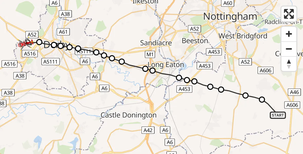 Flight path map showing Air Ambulance Helicopter route from Widmerpool to Mackworth Estate