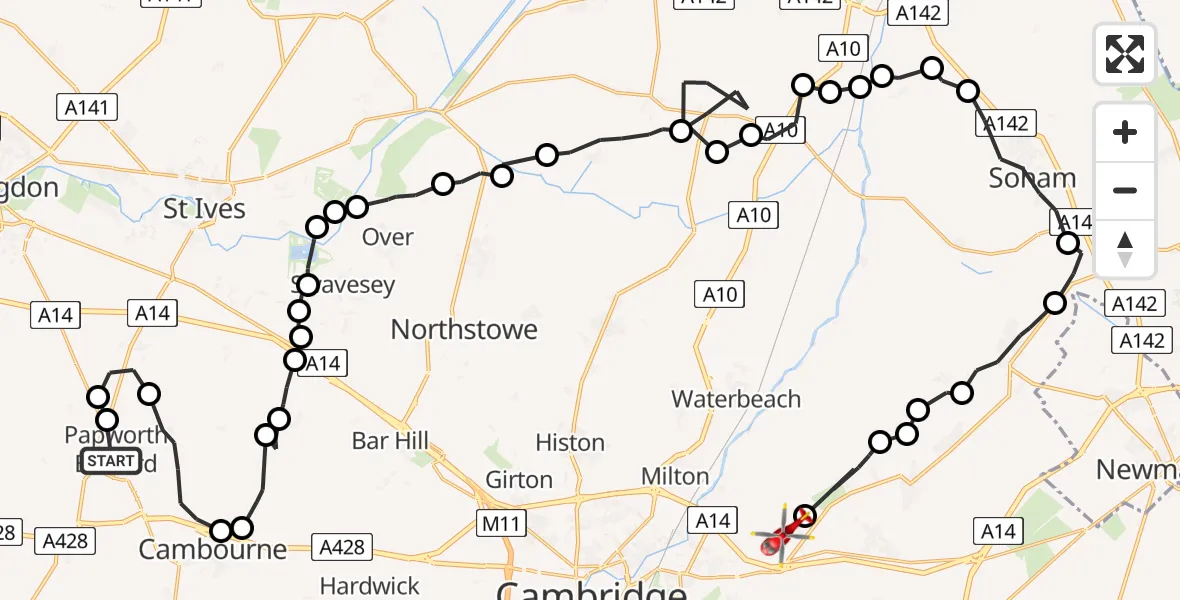 Flight path map showing Air Ambulance Helicopter route from Papworth Everard to Stow cum Quy